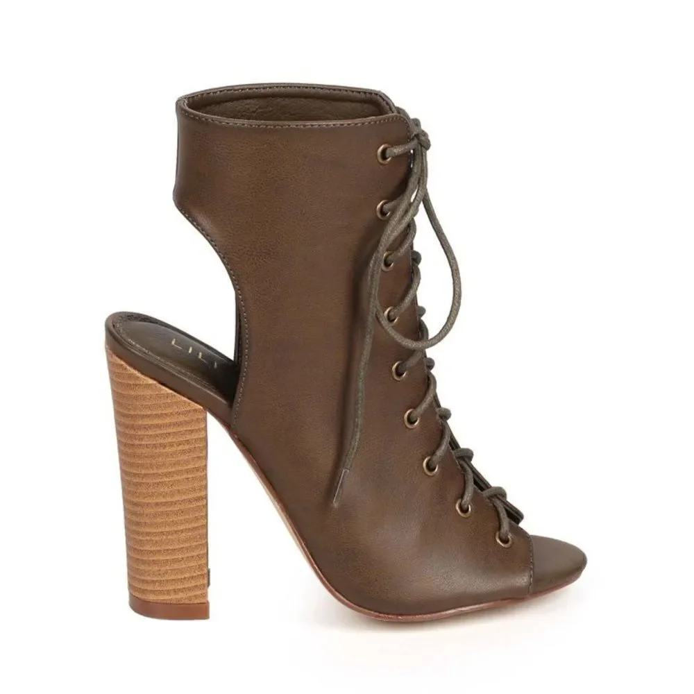 Liliana Sage-11 Vegan Leather Peep Toe Lace Up Chunky Cutout Heel Bootie Olive